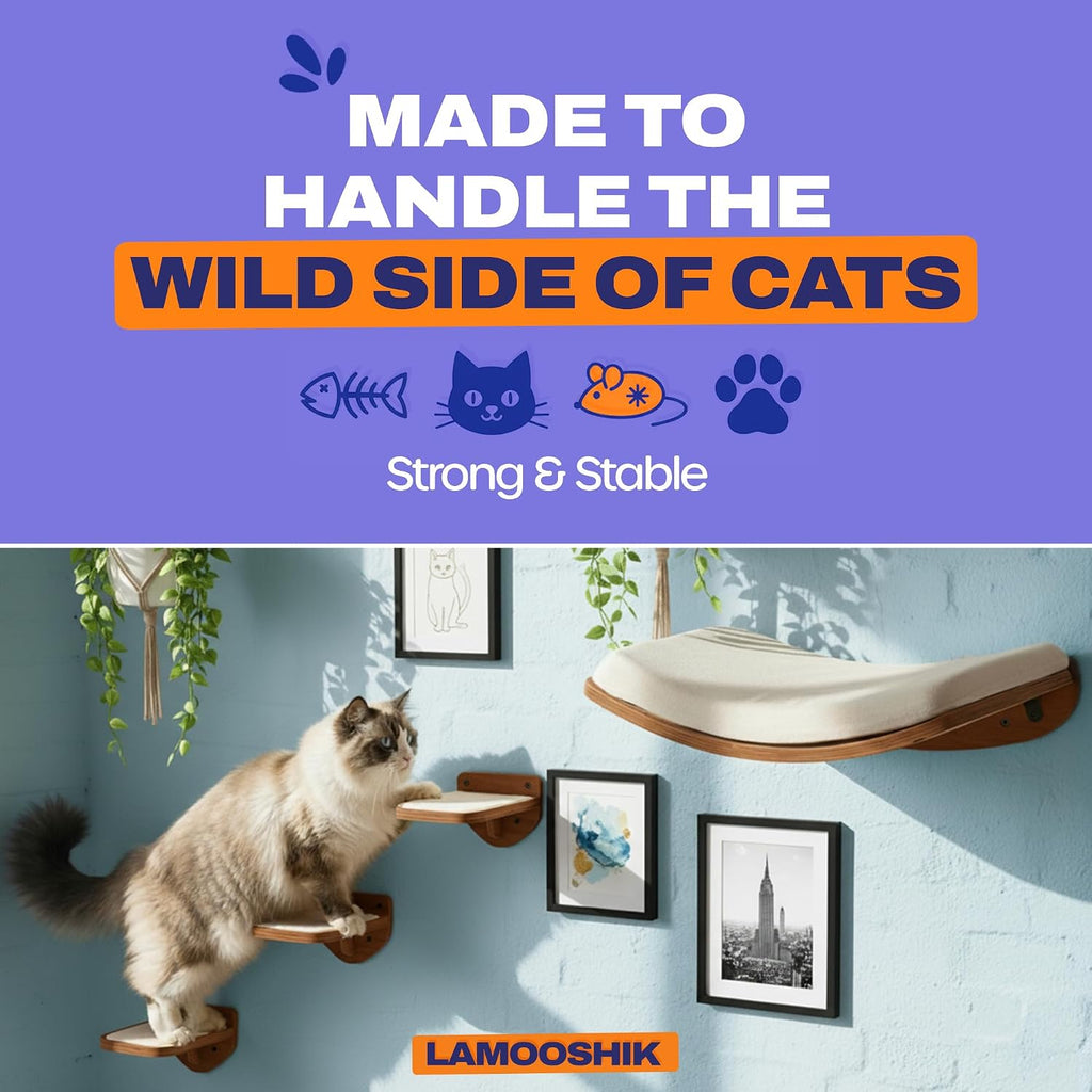 Cat Wall Shelves, Walnut Floating Cat Furniture with Bed & Steps