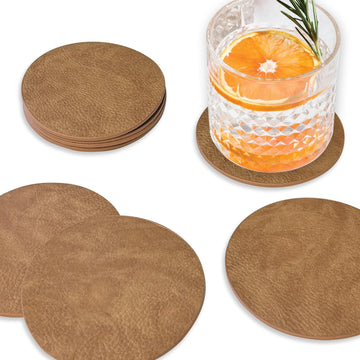Morgan Faux Leather 4 Inch Round Coasters, Heat & Water Absorbent, Natural Style, Drinks Tabletop Home - Set of 8