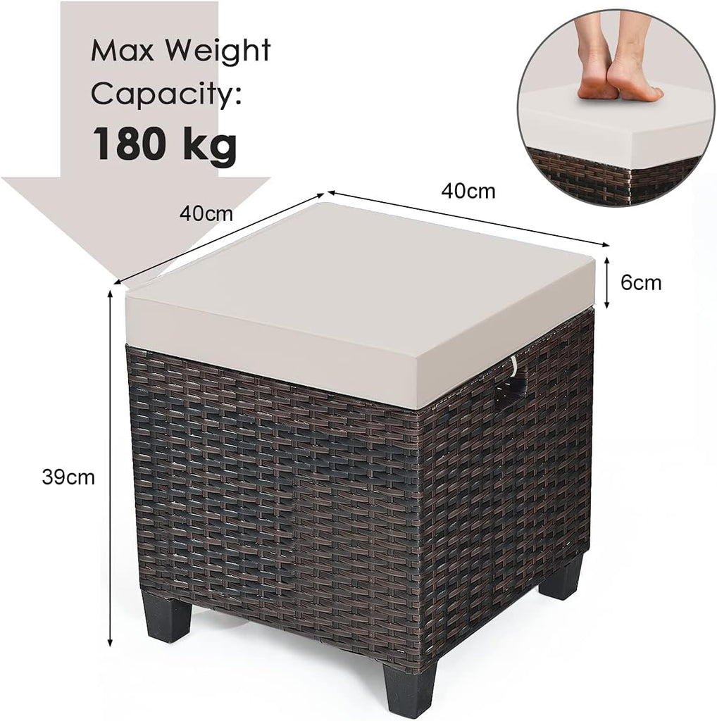 2-Piece Rattan Patio Ottoman, All Weather Wicker Ottoman w/Removable Cushion & Steel Frame, Outdoor Footstool