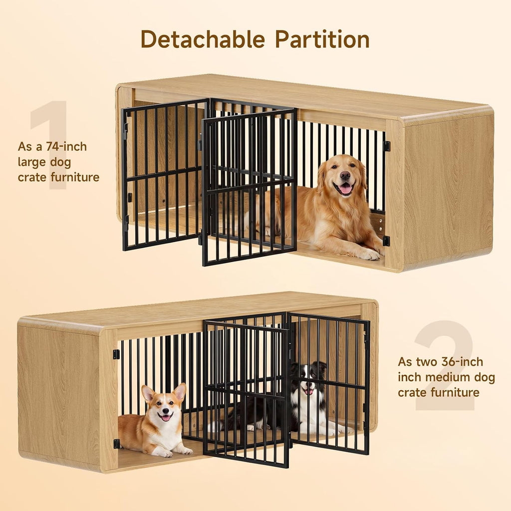 74" Double Dog Crate Furniture TV Stand for Large Dogs, Natural Oak