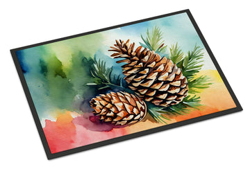 Maine White Pine Cone and Tassels in Watercolor Doormat 18x27 Front Door Mat Indoor Outdoor Rugs, Non