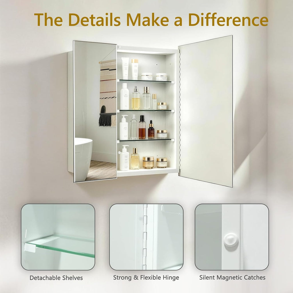 Bathroom Medicine Cabinet with 30x26 in Rectangular Beveled Frameless Mirror,Double Door Wall Mounted Mirror Cabinet
