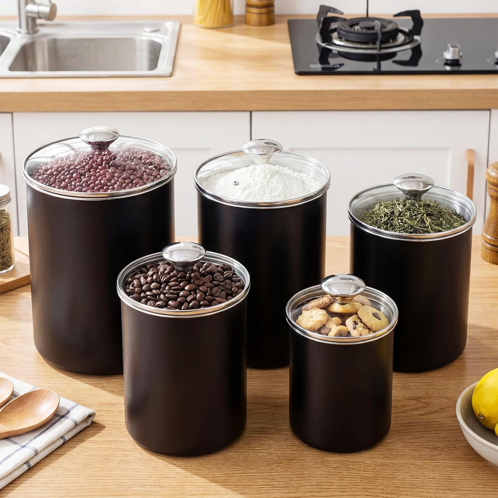 5 Pcs Stainless Steel Canister with Glass Lids, Black