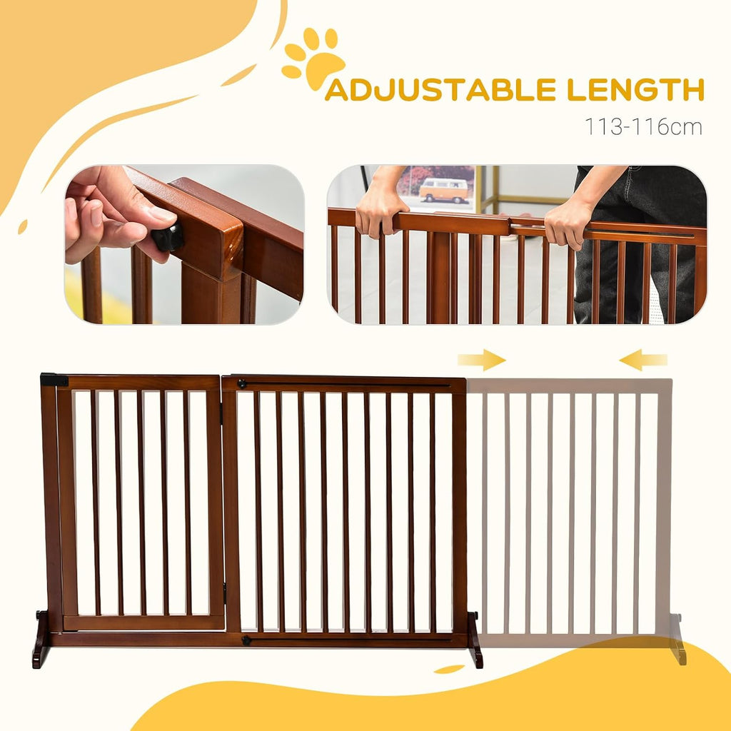 Freestanding Wooden Pet Gate, 3-Panel Adjustable with Lockable Door, Brown