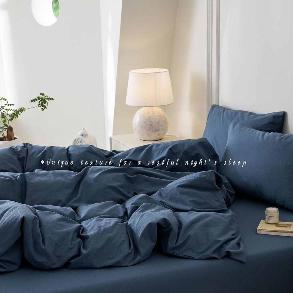 3 Pieces Gray Blue Duvet Cover Set Queen 90'' L 90'' W, 100% Washed Cotton Duvet Cover with Zipper Closure Plus 2