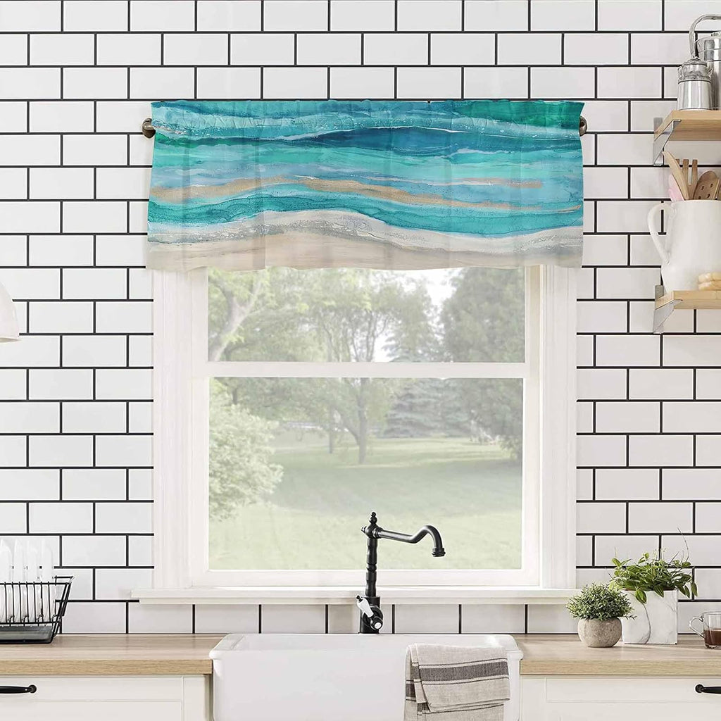 Coastal Beach Curtains - Teal Blue Kitchen Bathroom Window Treatment - Abstract Blue Wave Bedroom Living Room 42"x18"