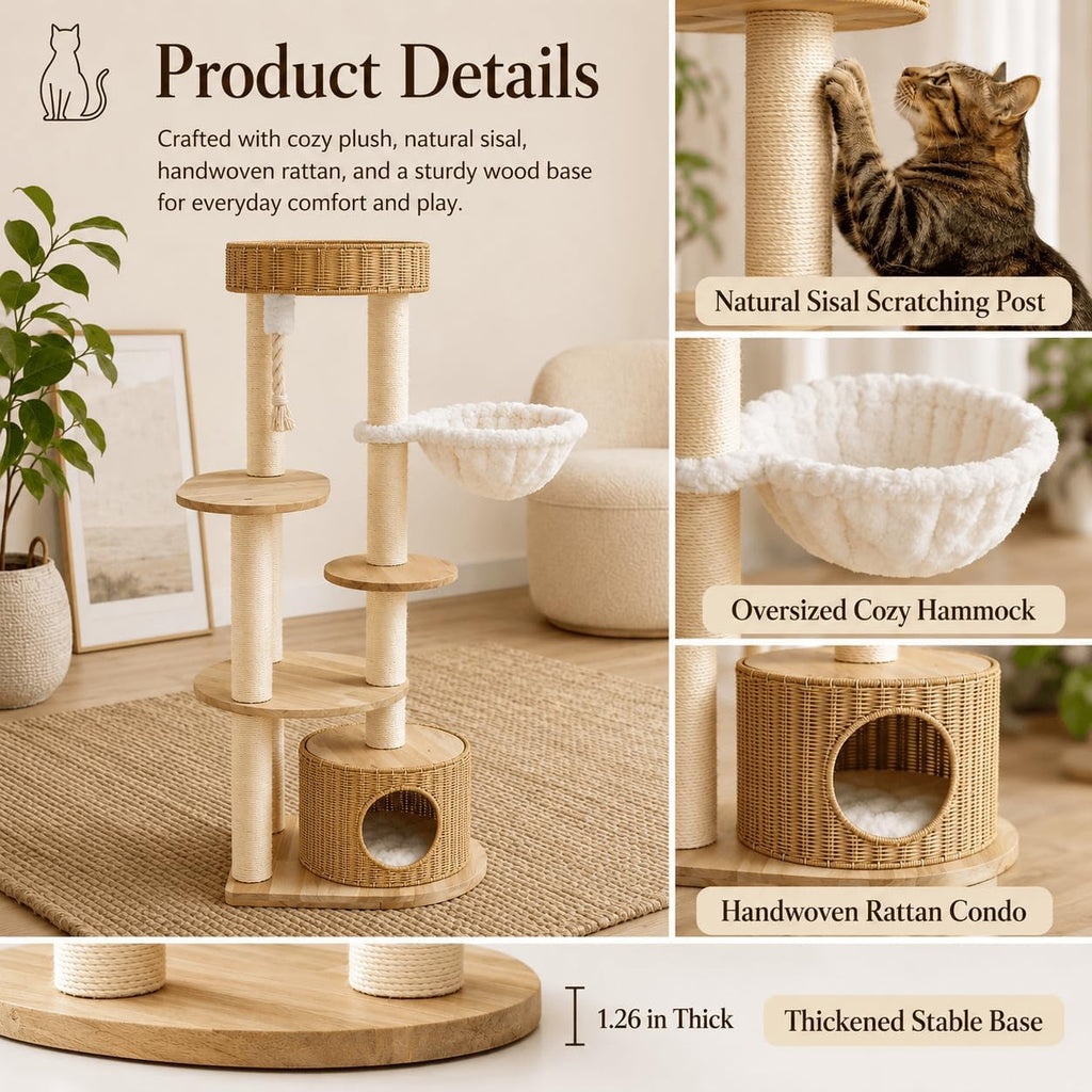 53'' Solid Wooden Cat Tree for Indoor Cats, Modern Large Cat Tower
