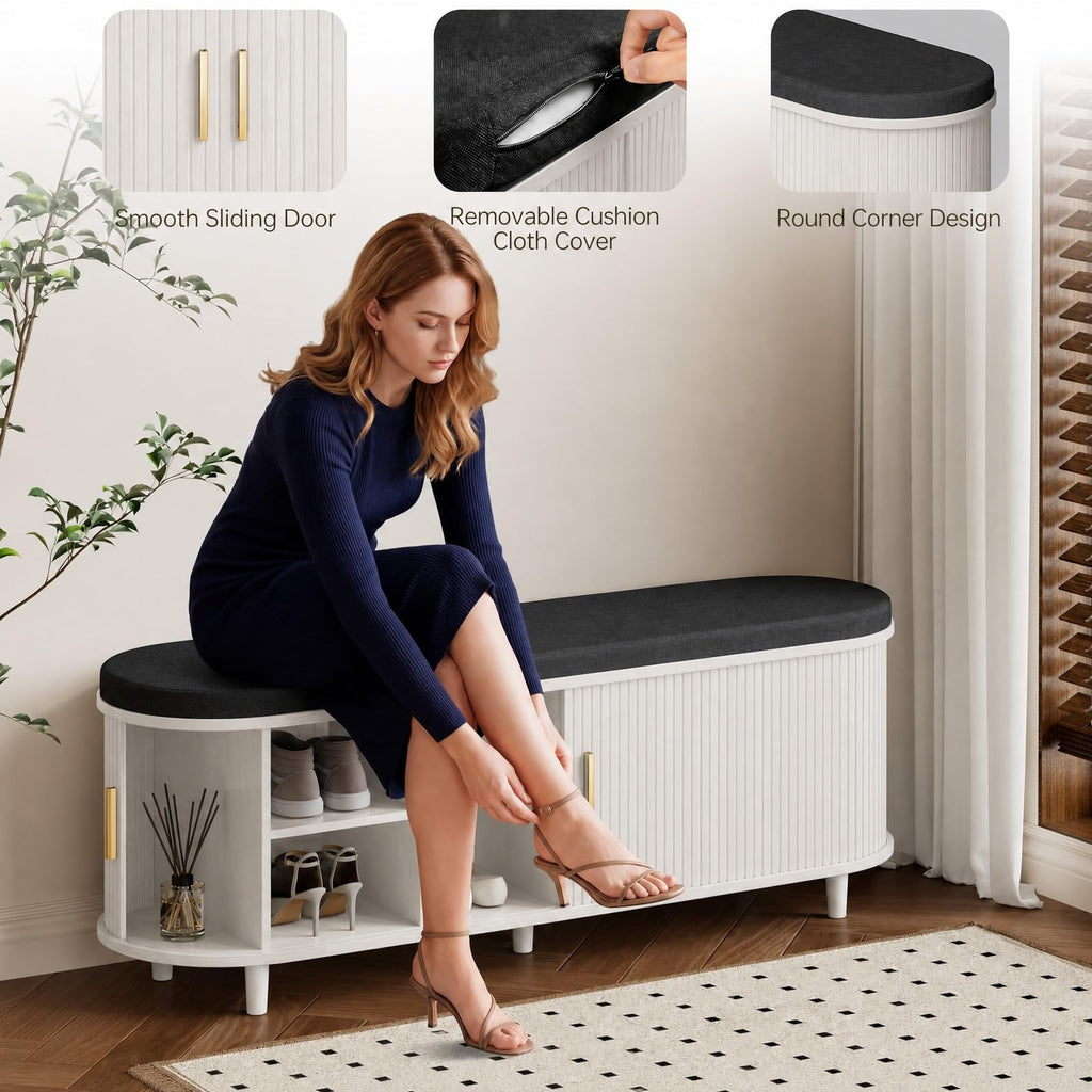 2-Tier Storage Bench, Wide Shoe Bench with Thickened Padded Seat Cushion, Mid Century Modern Fluted Sliding Door and