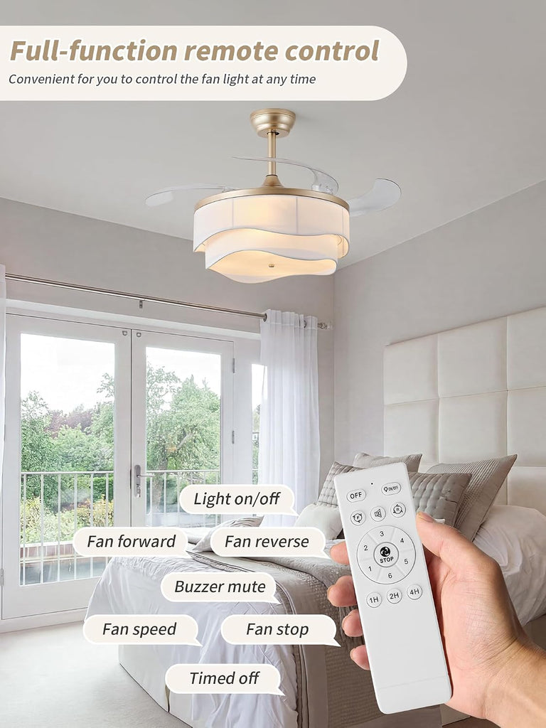42" Gold Retractable Ceiling Fan with Light, Boho Fandelier Ceiling Fans Remote Control, Caged Chandelier with Fans