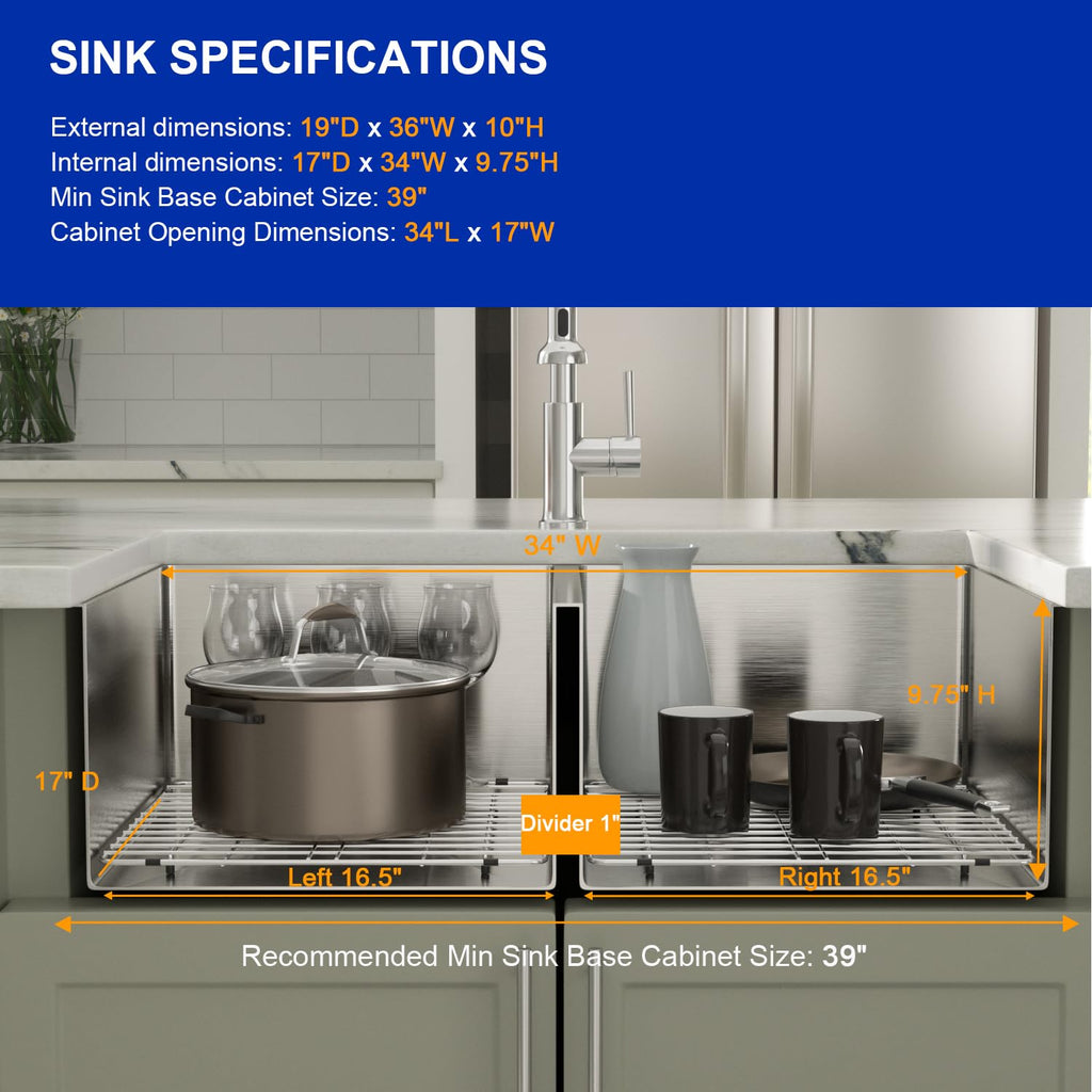 36" Extra Large Double Bowl Kitchen Sink Undermount 50/50 Split 16 Gauge 304 Stainless Steel Double Sinks, Round