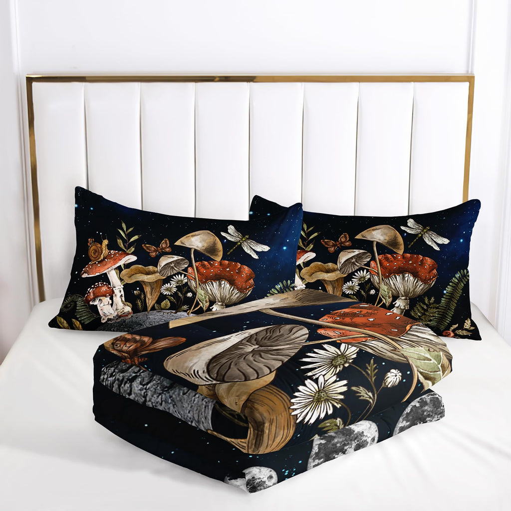 Mushroom Bedding Set Full, Black Mushroom Full Comforter Set, Boho Mushroom Bedroom Decor, Full Bedding Sets