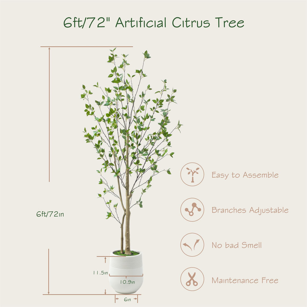 6ft Minimalist Artificial Citrus Tree with Large Exquisite Planter, 72in Faux Citrus Tree with Realistic Leaves, Faux