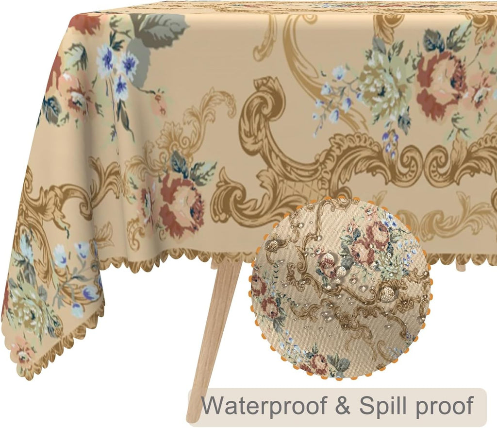 70x108inches Luxury Rectangle Tablecloth Elegant Golden Damask Pink Blue Floral Printed Fabric Table