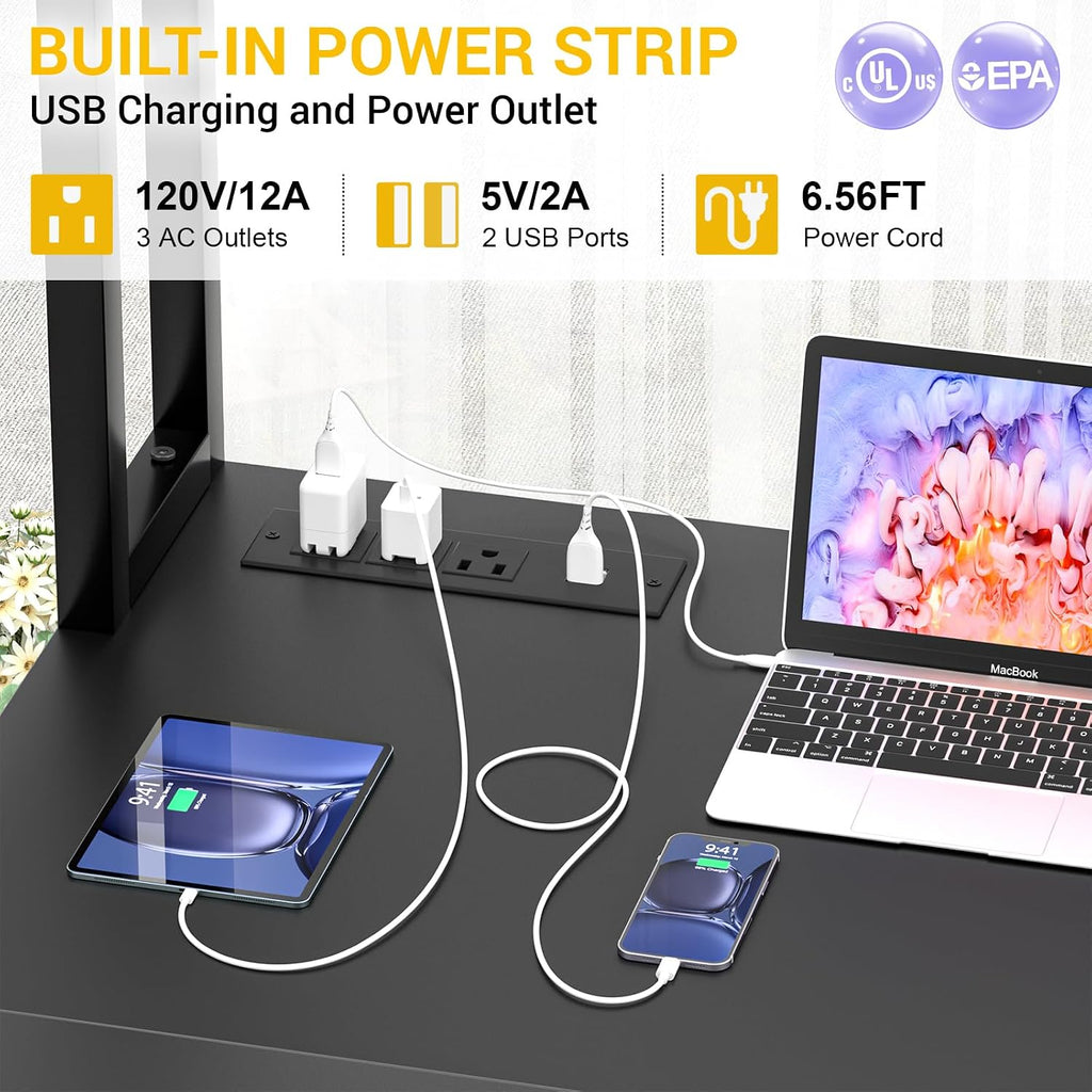 L Shaped Desk Gaming Desk with Power Outlet & LED Light & Monitor | Black 57" Reversible Home Office Desk, Corner