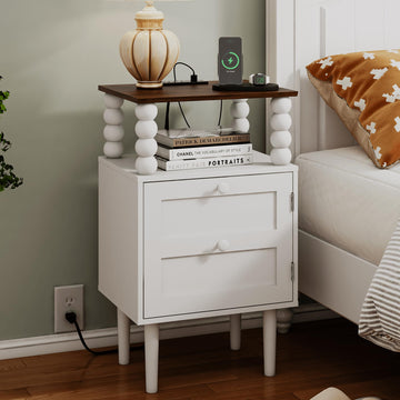 Nightstand with Outlet, Retro Bedside Table with Storage, White