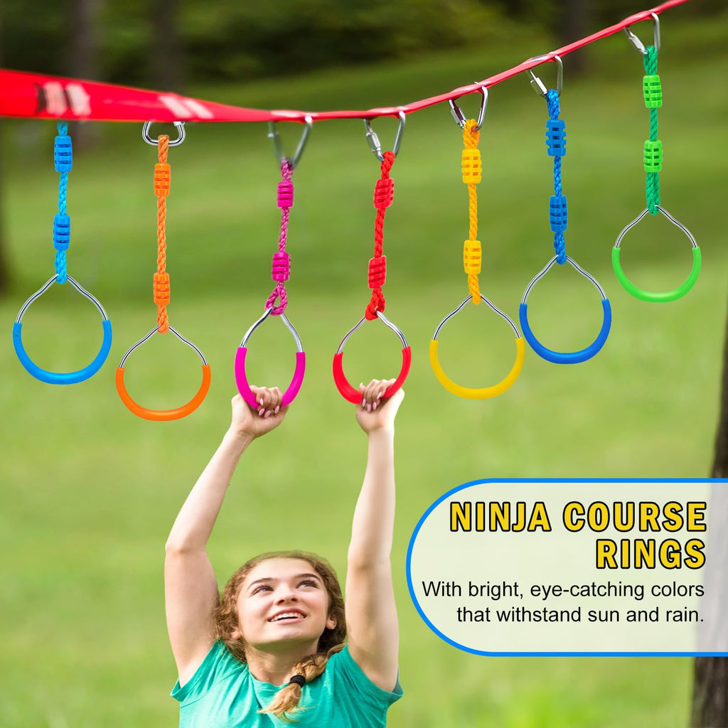 Warrior Obstacle Course Attachments - 7 Monkey Rings, 2 Monkey Bars, 2 Ninja Wheel, Backyard Obstacle Course Set