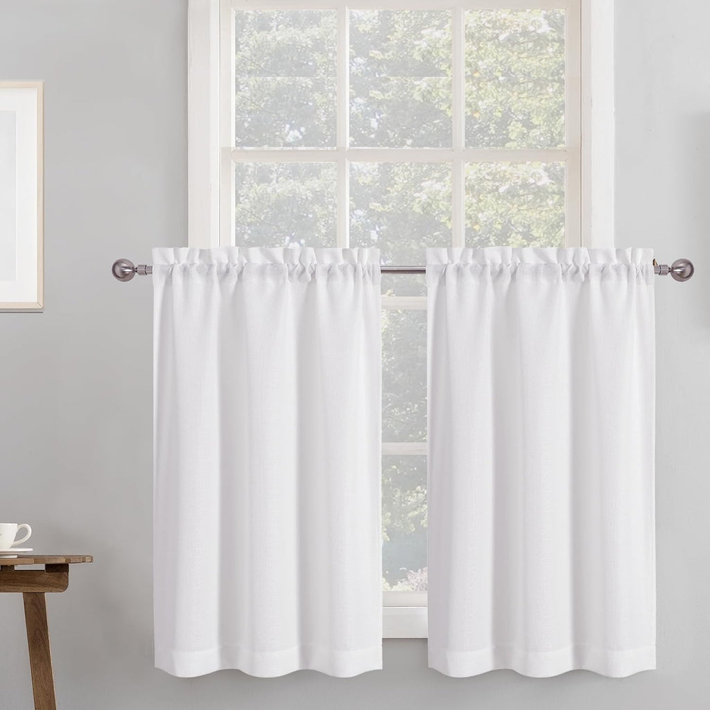 2 Panels White Kitchen Curtains 36 Inch Length Tier Curtain, Faux Linen Textured Small Cafe Curtain, Light Filtering