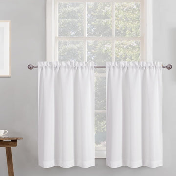 2 Panels White Kitchen Curtains 36 Inch Length Tier Curtain, Faux Linen Textured Small Cafe Curtain, Light Filtering