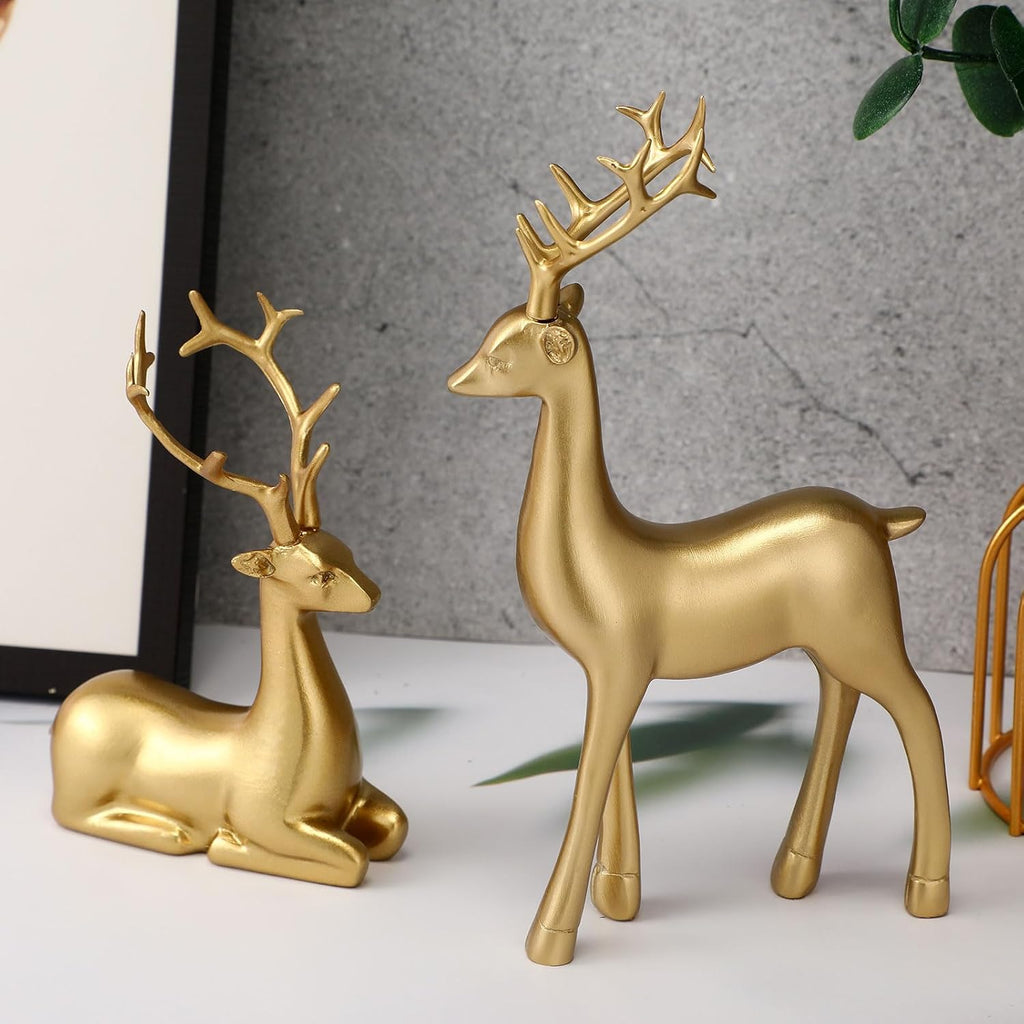 8 Pcs Christmas Reindeer Figurines Sitting Standing Statues, Gold