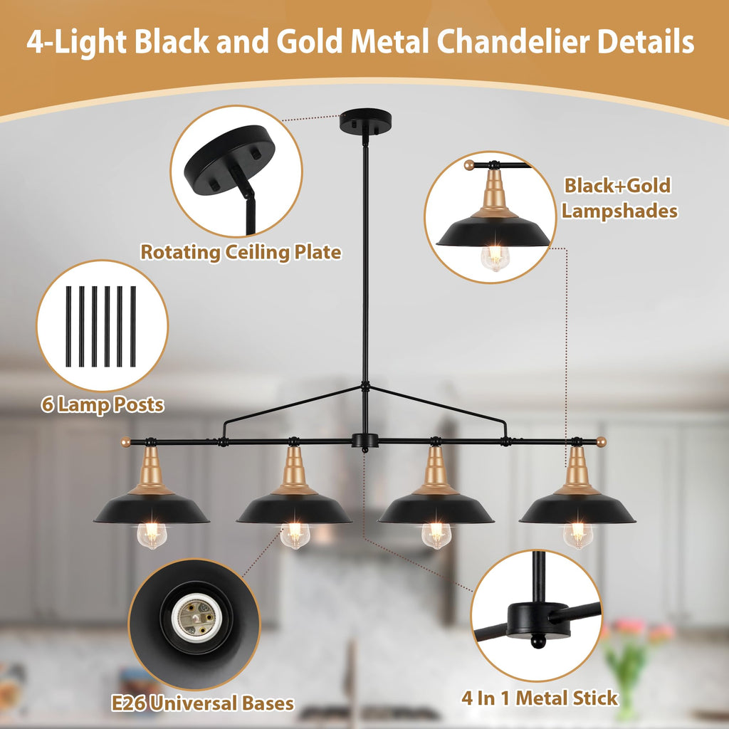 Pool Table Lights 4-Light Black and Gold Linear Light Fixture 48 Inch