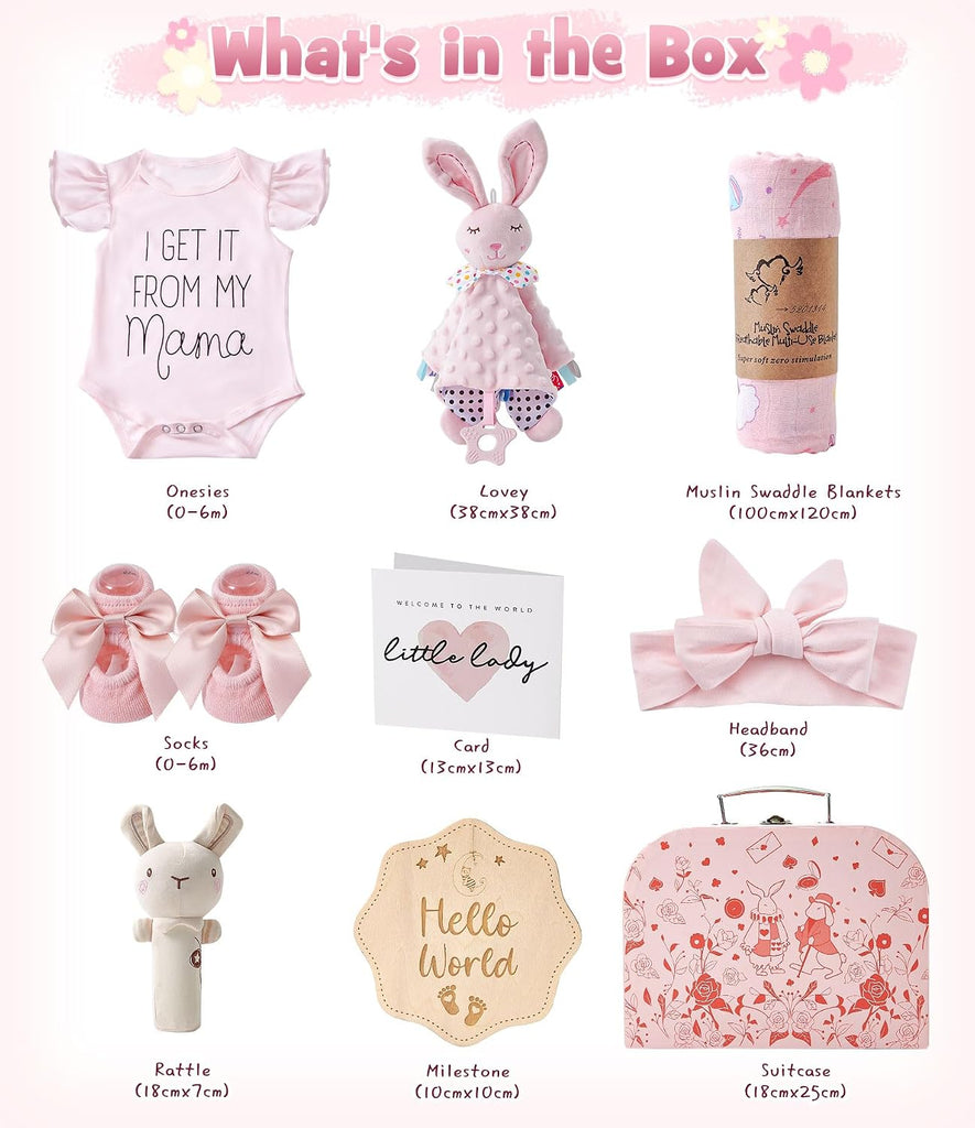 Baby Shower Gifts for Girls, Baby Girl Gifts Baskets with Rattle, Blanket/Bodysuit Set, New Born Essential Stuff