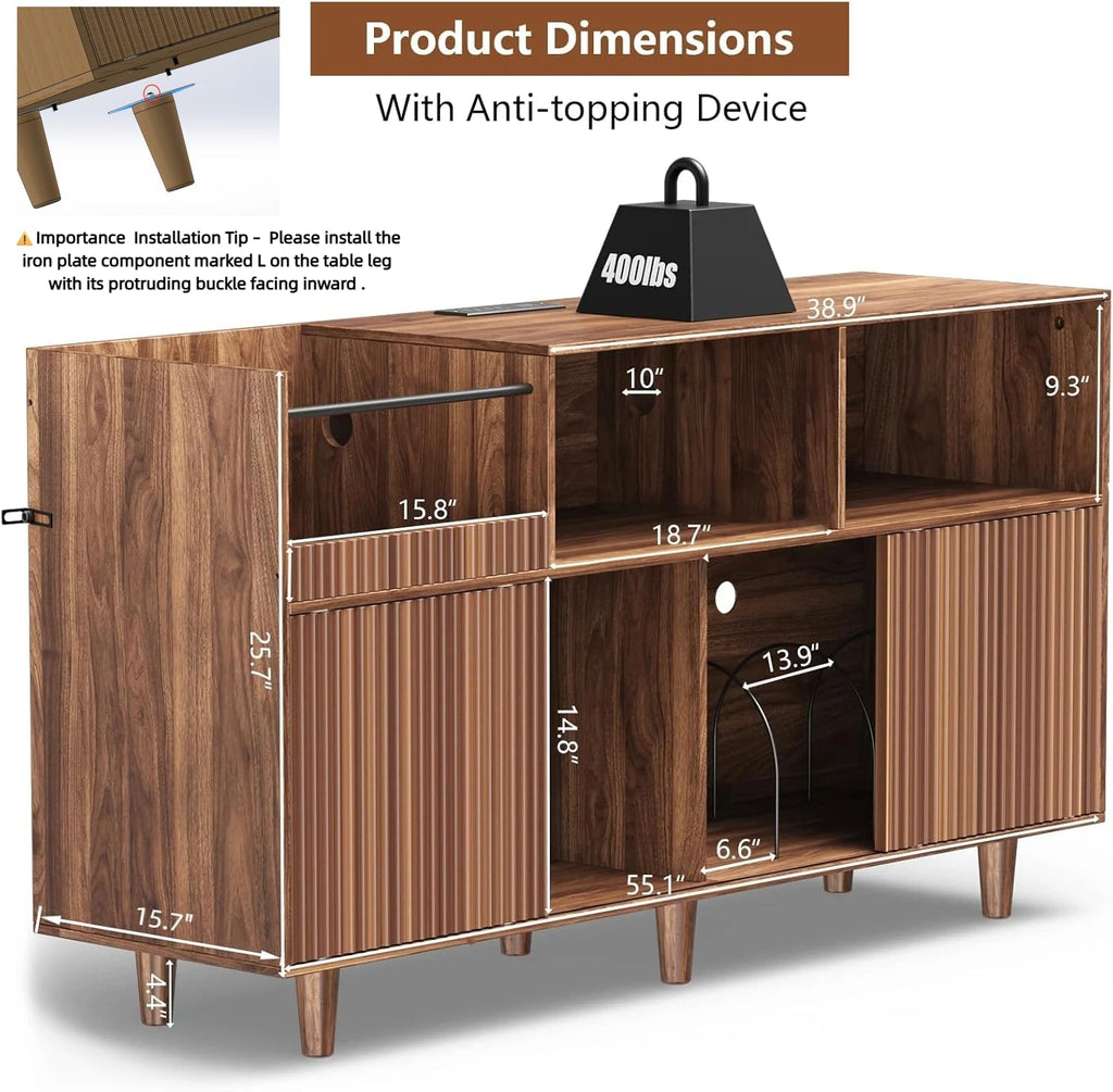 55" Large Record Player Stand with Power Outlets & LED Lights