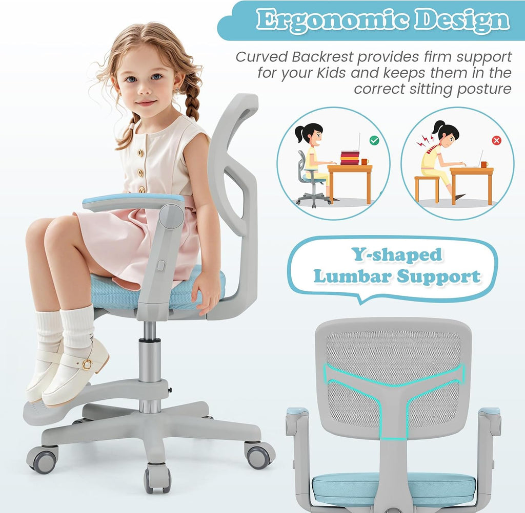 Kids Desk Chair, Ergonomic Adjustable Student Rolling Chair with Footrest & Flip-up Armrest, Mesh Children Office