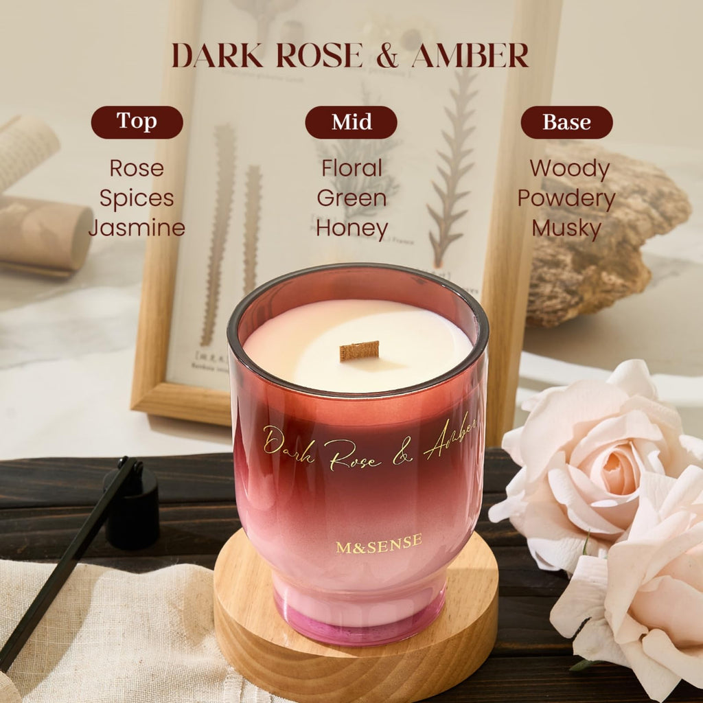 16.6oz Natural Soy Large Jar Candle with Wooden Wick | Dark Rose Amber Scent | 95-Hour Burn & Long-Lasting Burn