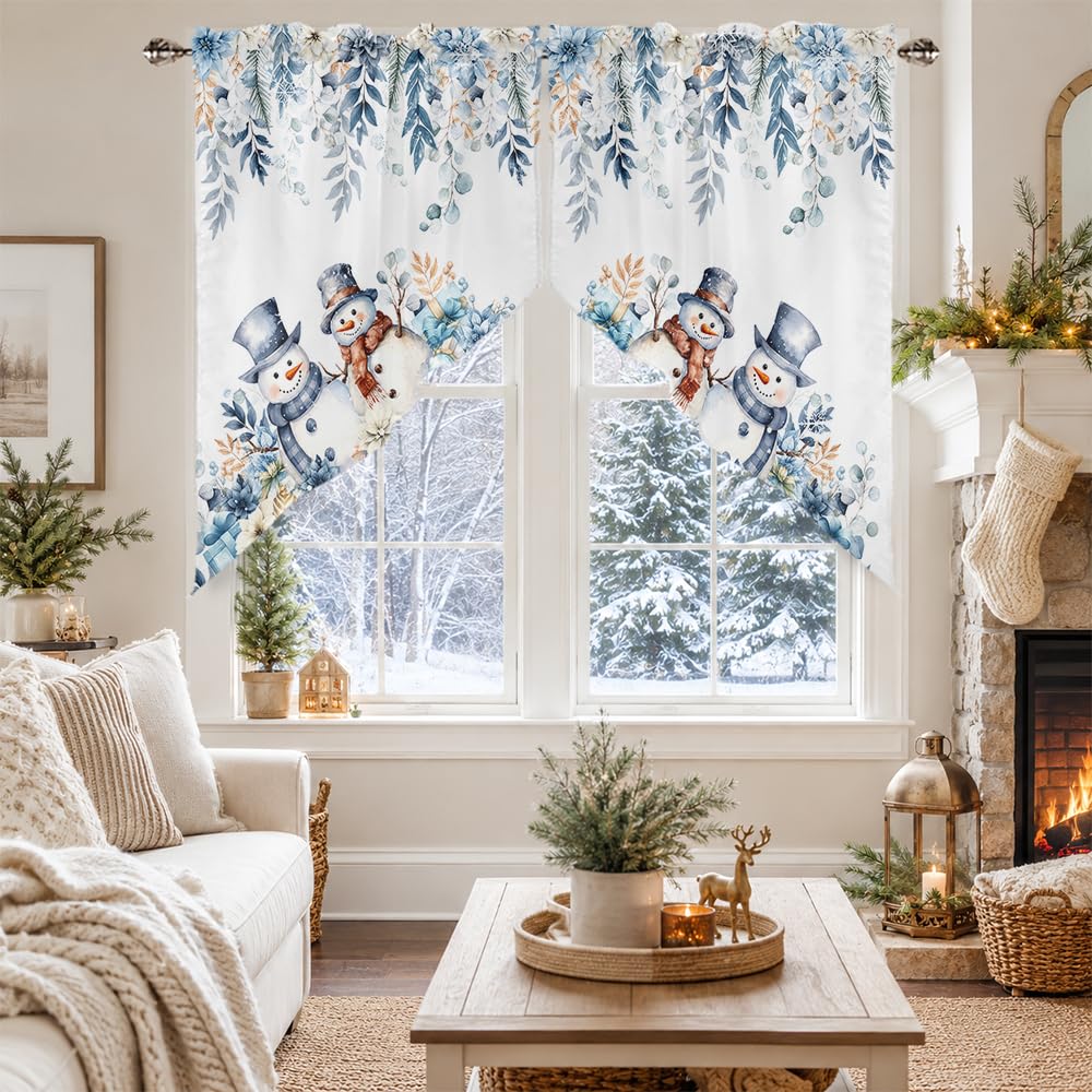 Merry Christmas Snowman Swag Curtain Window, 28"W x 36"L x 2Pc