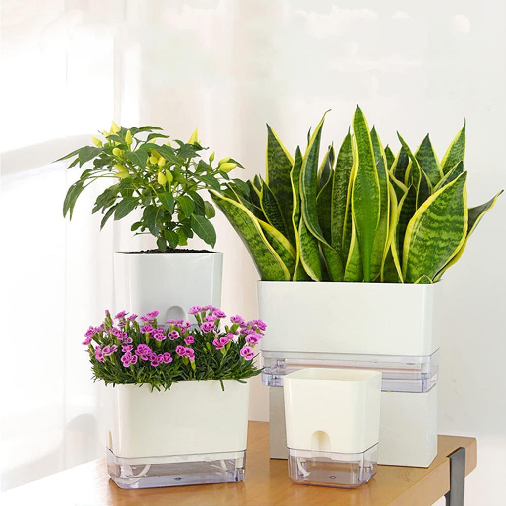 Self Watering Pots for Indoor Plants 4 Pack White Self Watering Planters with Water Reservoir and Cotton Wick System
