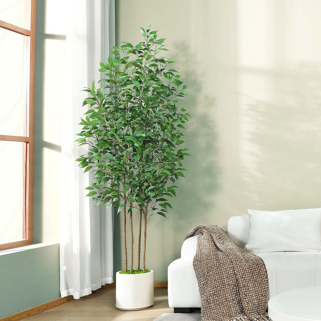 Ficus Artificial Tree 7ft Fake Silk Plant Decor Indoor, Faux Tree in White Imitation Ceramic Planter Fake Floor Plant