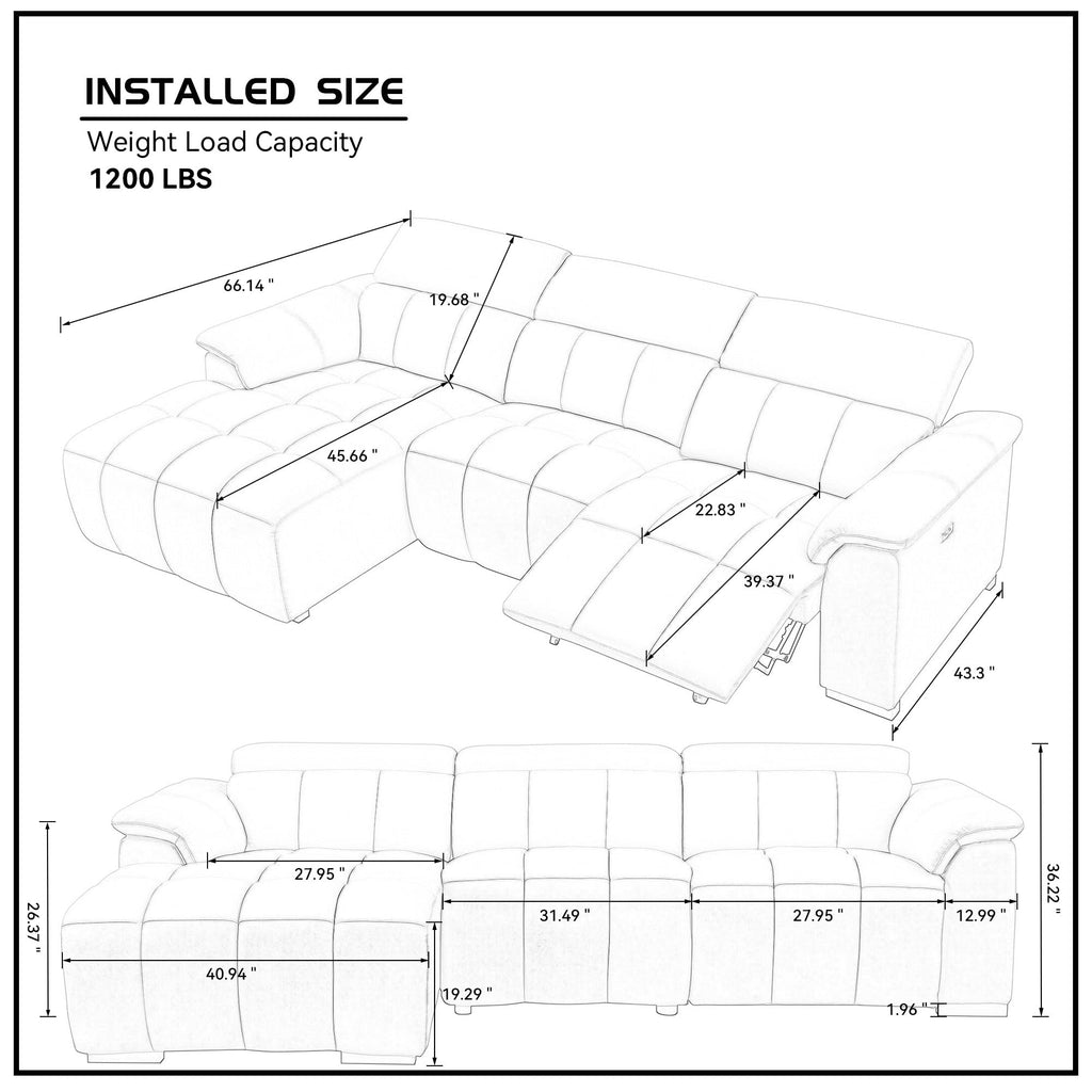 113" L-Shaped Genuine Leather Wall-Hugger Reclining Sofa with Left Chaise, Adjustable Backrest & Footrest, Modern