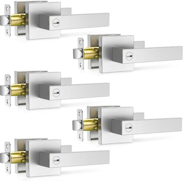 5 Pack Brushed Nickel Door Handle, Door Knobs Interior Heavy Duty, Flat Square Privacy Door Levers, Keyless Door