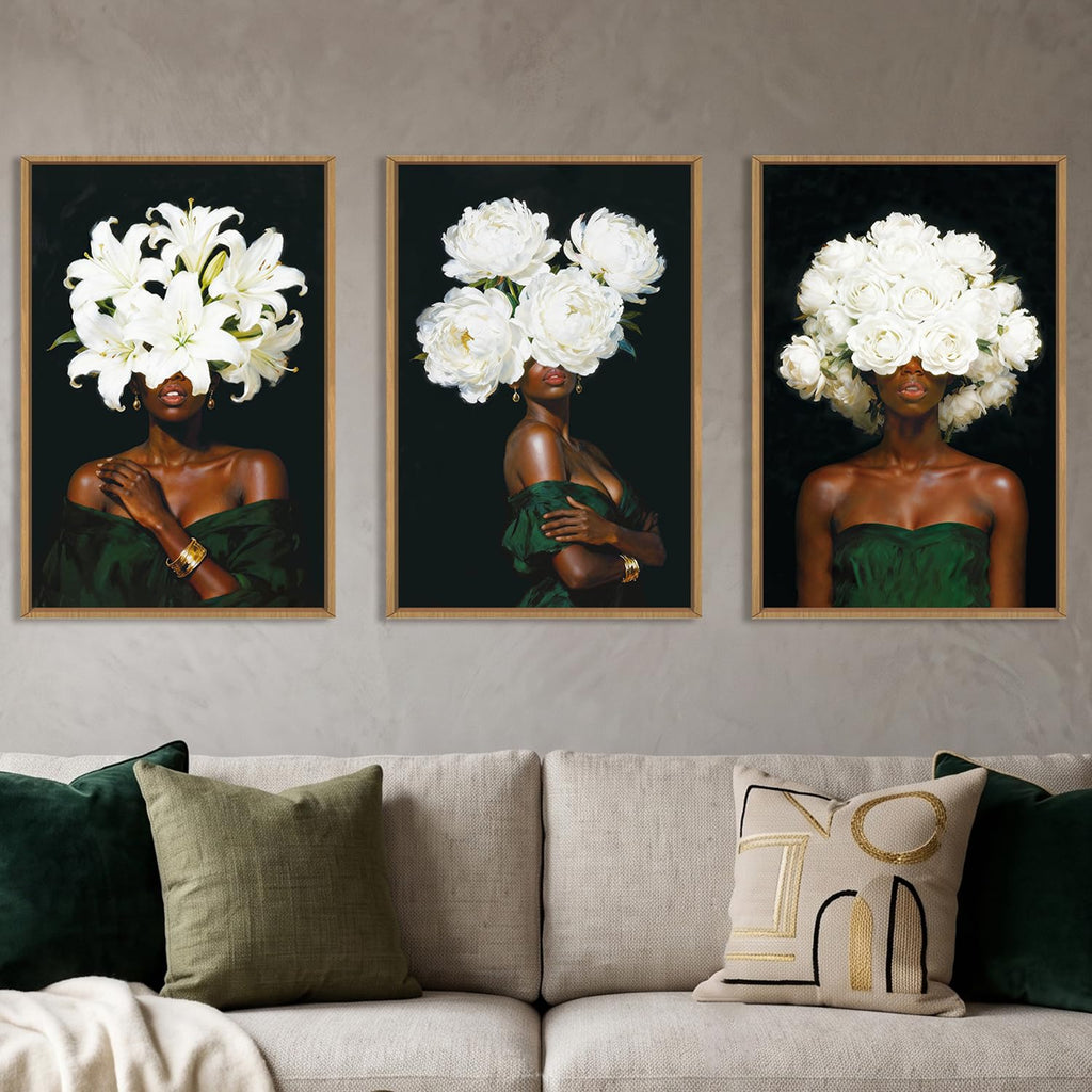Black Woman Framed Canvas Prints Wall Art Set, Abstract White Hydrangea Wall Decor, Vintage African American Girl Art