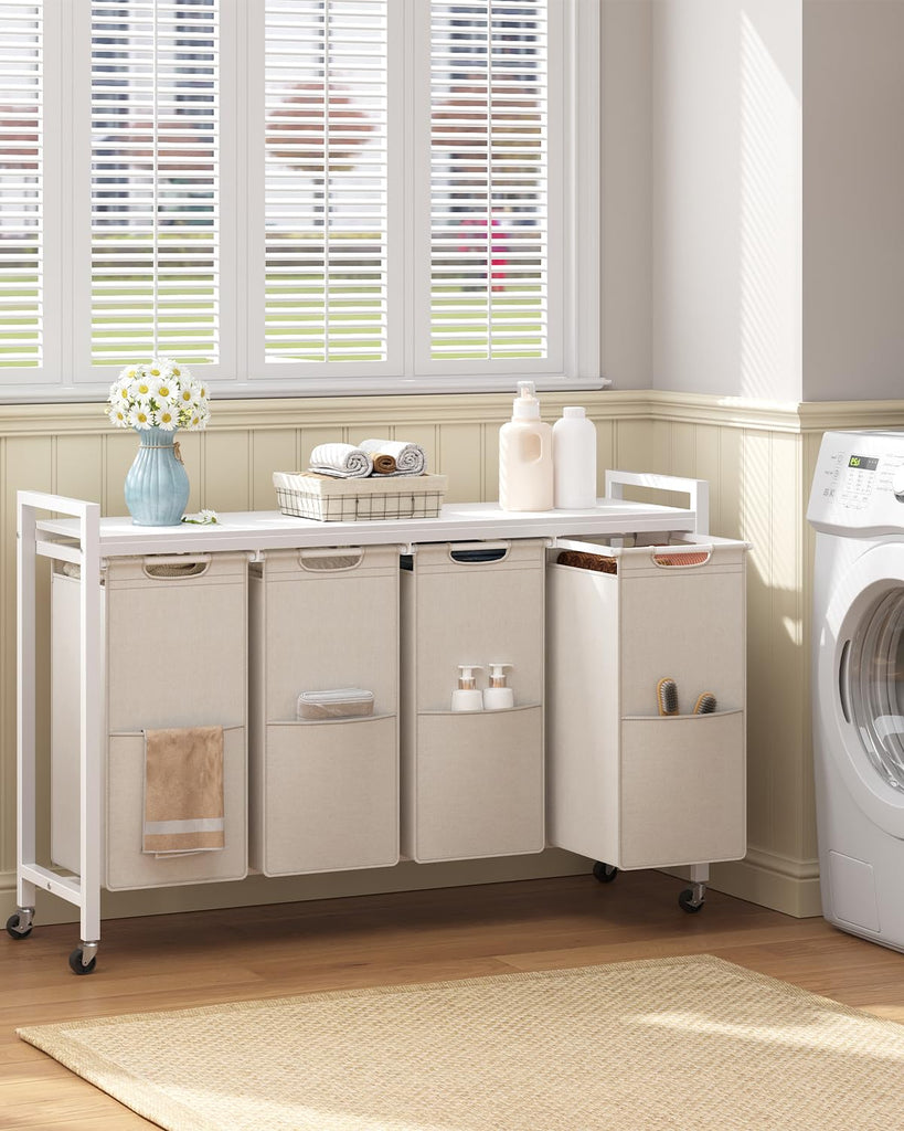 Laundry Sorter 4 Sections, Laundry Hamper with Wheels, 42 Gal (160 L), Rolling Laundry Basket, Pull-Out and Removable