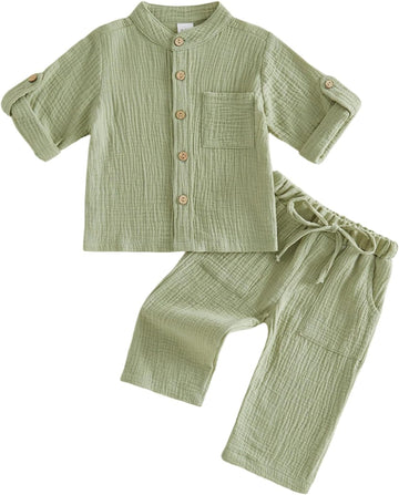 Baby Boy Cotton Linen Outfit Fall Winter Long Sleeve Button Down Henley Shirt Linen Pants Toddler Boys Clothes Set
