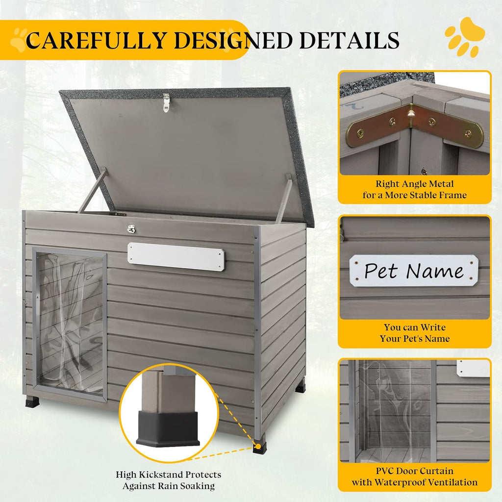 Dog House Outdoor, Chew-Proof Iron Frame Dog Kennel Weatherproof Natural Fir Wood Dog Houses with Removable