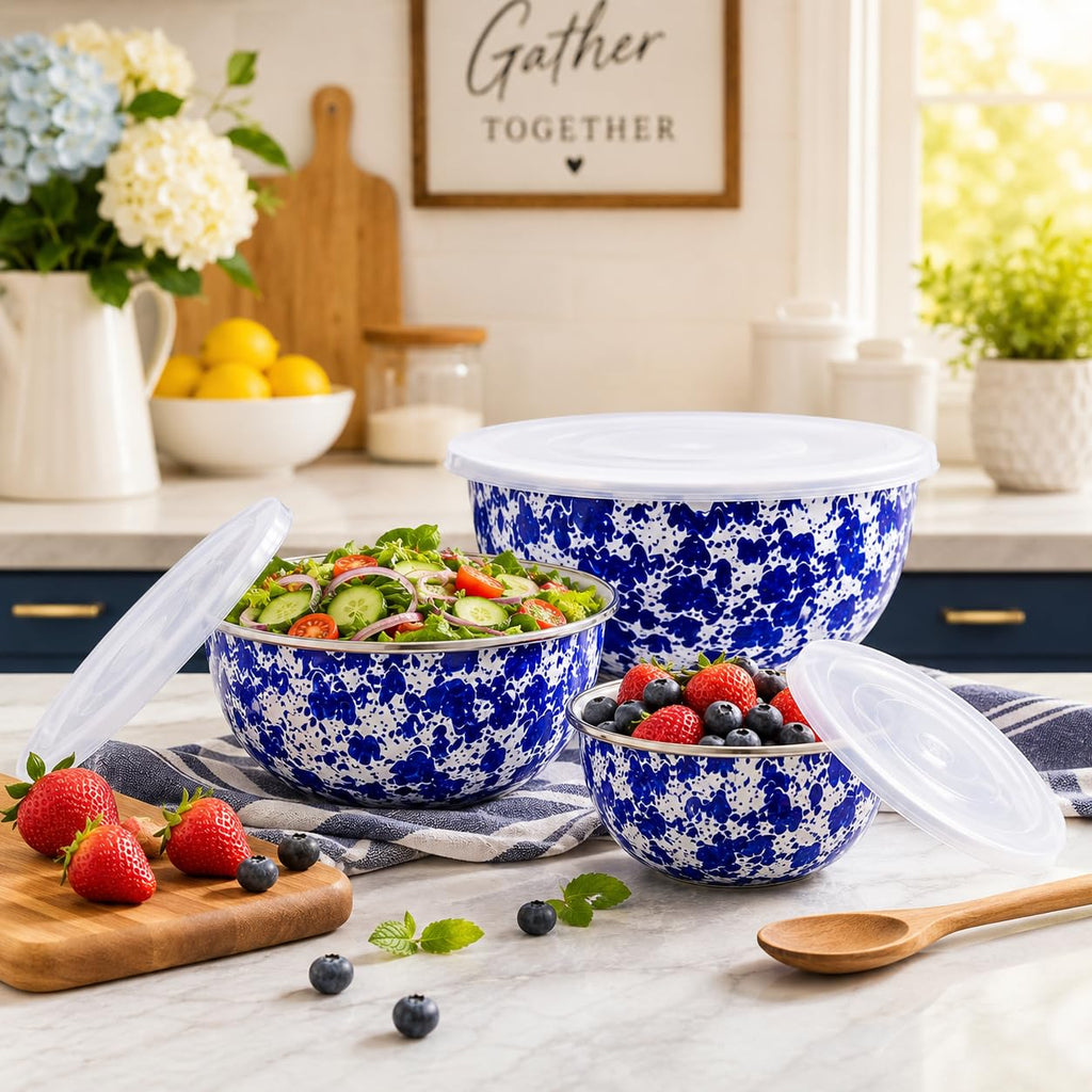 Nested Mixing Bowls with Lids, Set of 3, Cobalt Swirl