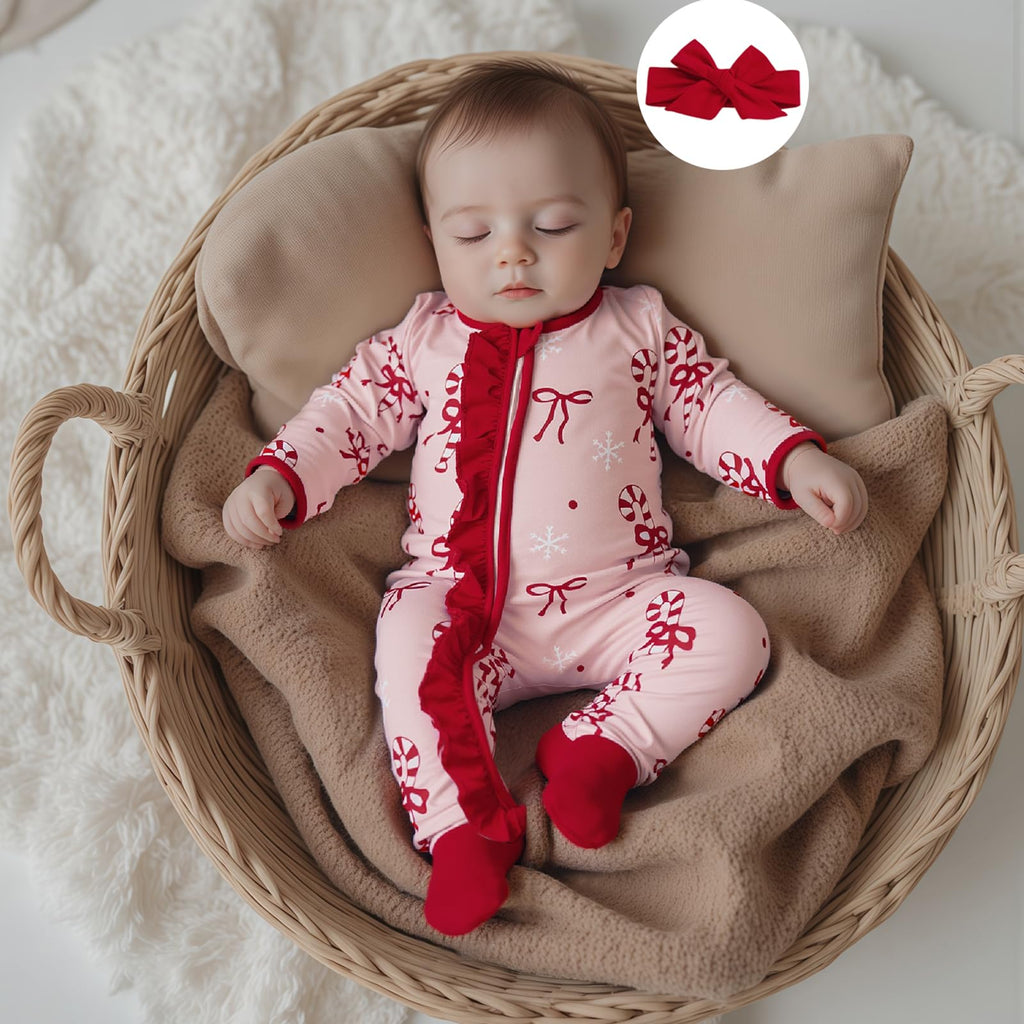 My First Christmas Baby Girl Outfit Newborn Bow Footie Jumpsuit Ruffle Zipper Romper Infant Coming Home Xmas Clothes