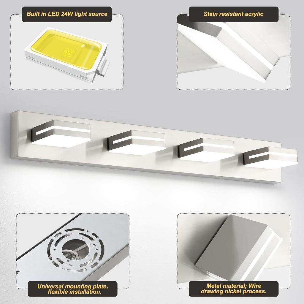 4 Light Bathroom Vanity Light Brushed Nickel Modern 32W LED Dimmable Vanity Light Over Mirror 350° Adjustable Lamp
