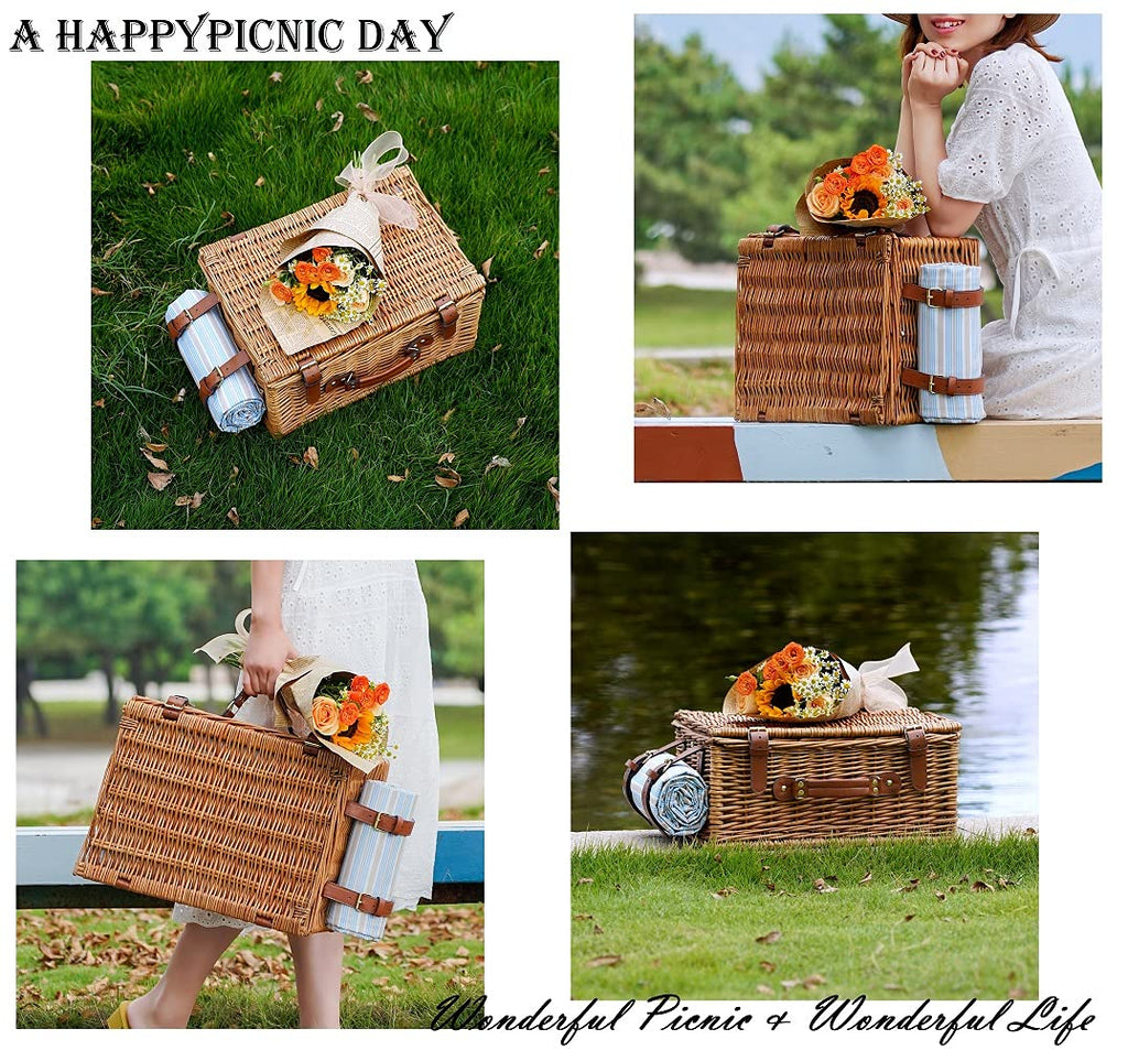 Wicker Picnic Basket Set for 4 Persons with Cooler & Blanket