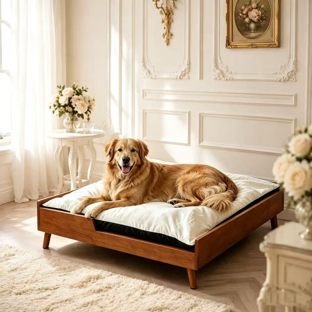 Elevated Dog Bed, Solid Wood Raised Pet Bed Frame with Cushion, Large