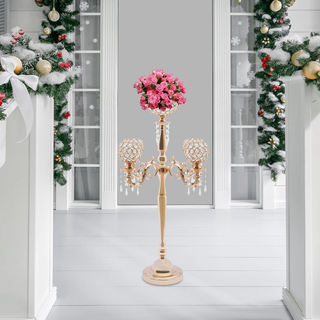 Gold/Sliver 5 Arm Crystal Floor Candelabra Wedding Table Centerpieces,35 Inches Tall Candlesticks Candle Holder Stand