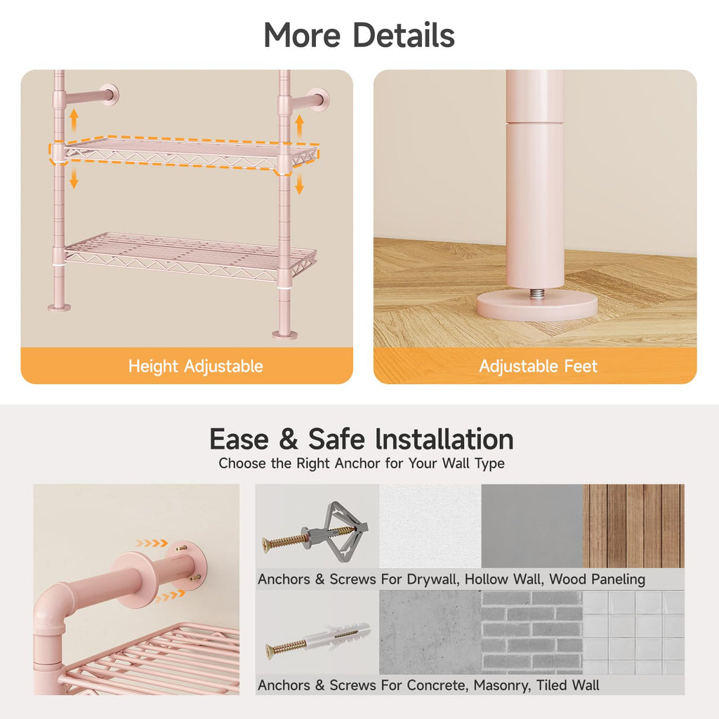 H3 Wall Mounted Closet System, Industrial Pipe Clothing Rack, Pink