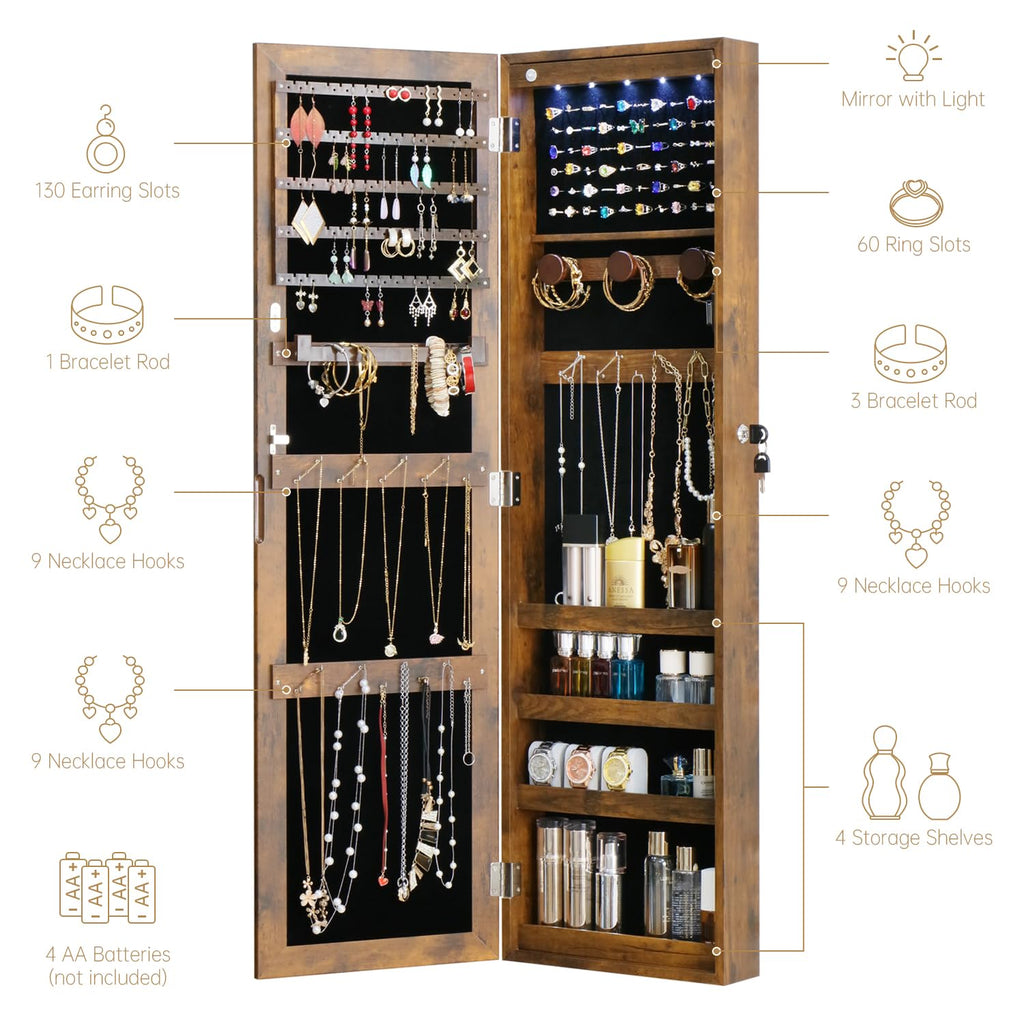 Full Length Mirror Jewelry Cabinet Organizer Lockable Door Wall-Mounted Jewelry Armoire with Shelves and Behind the