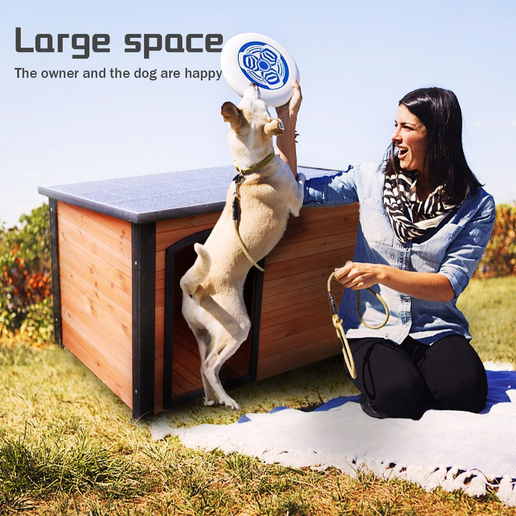 45" Wooden Dog House for Large Dogs, Weatherproof Outdoor Dog Kennel with Elevated Waterproof Feet, Solid Wood Pet