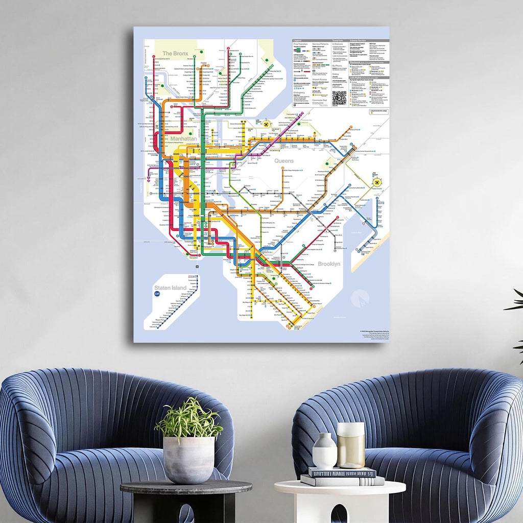 York City Subway Map Canvas Wall, Modern NYC MTA System Transit Map Print, Minimalist Wall Decor, Framed Ready