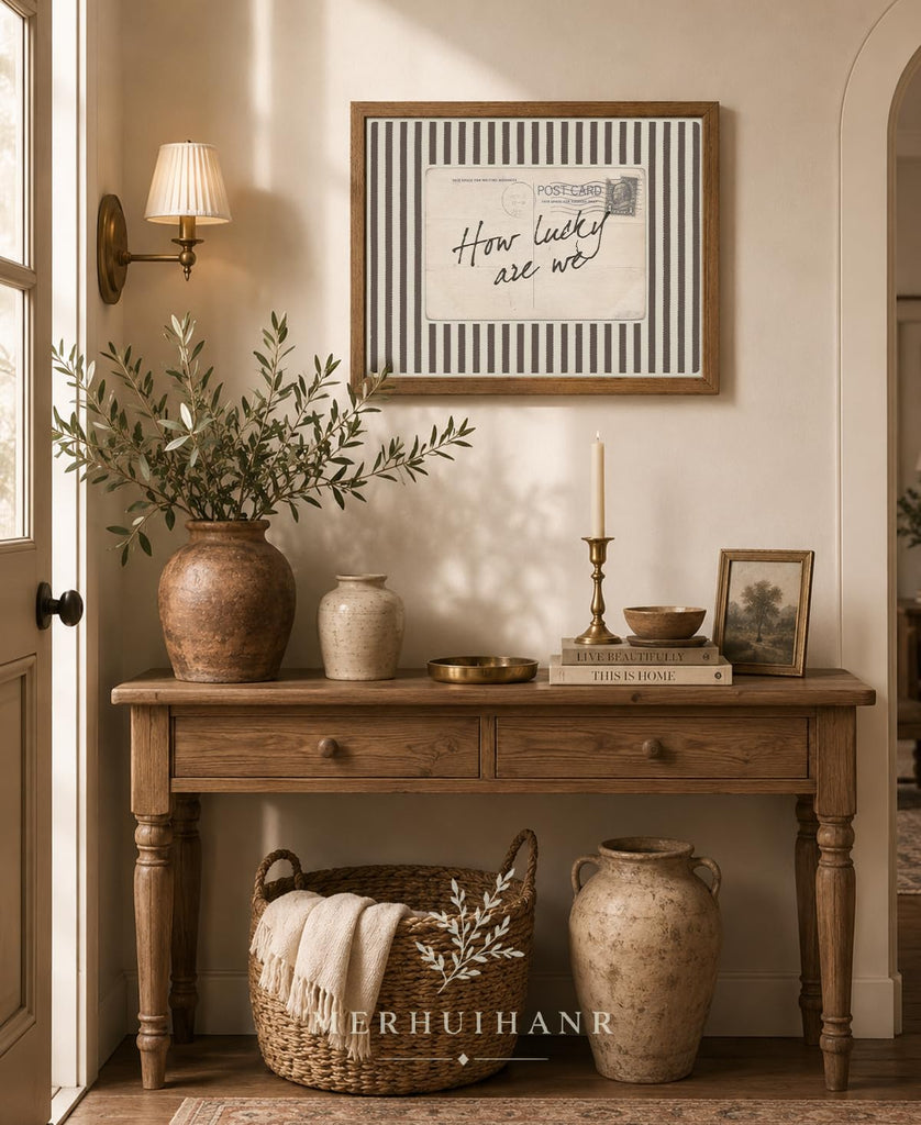 How Lucky Are We Wall Art, Wood Framed Postcard Poster with Positive Quote, Western, Old Money Brown Striped Decor