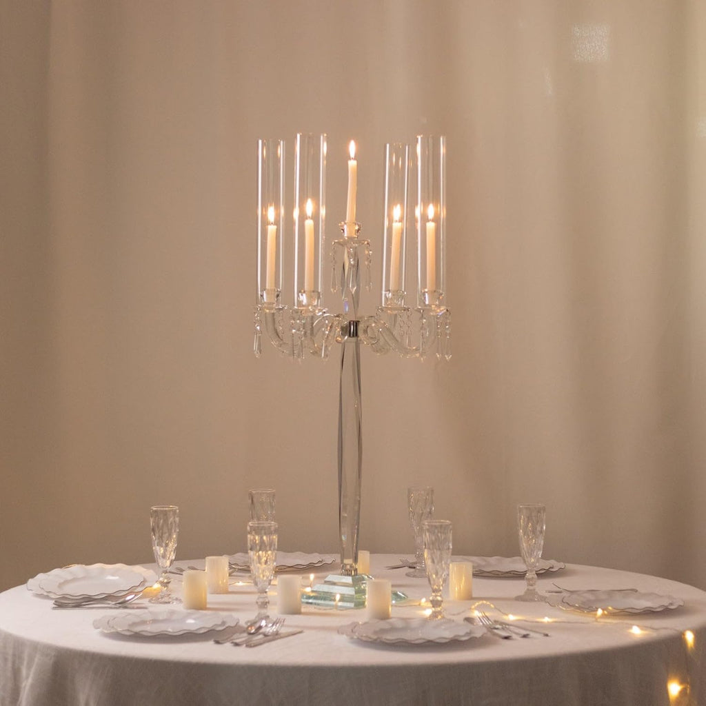 Crystal 4-Arm Candelabra Taper Candle Holder with Hurricane Glass Shades - Table Centerpiece with Pedestal Base &
