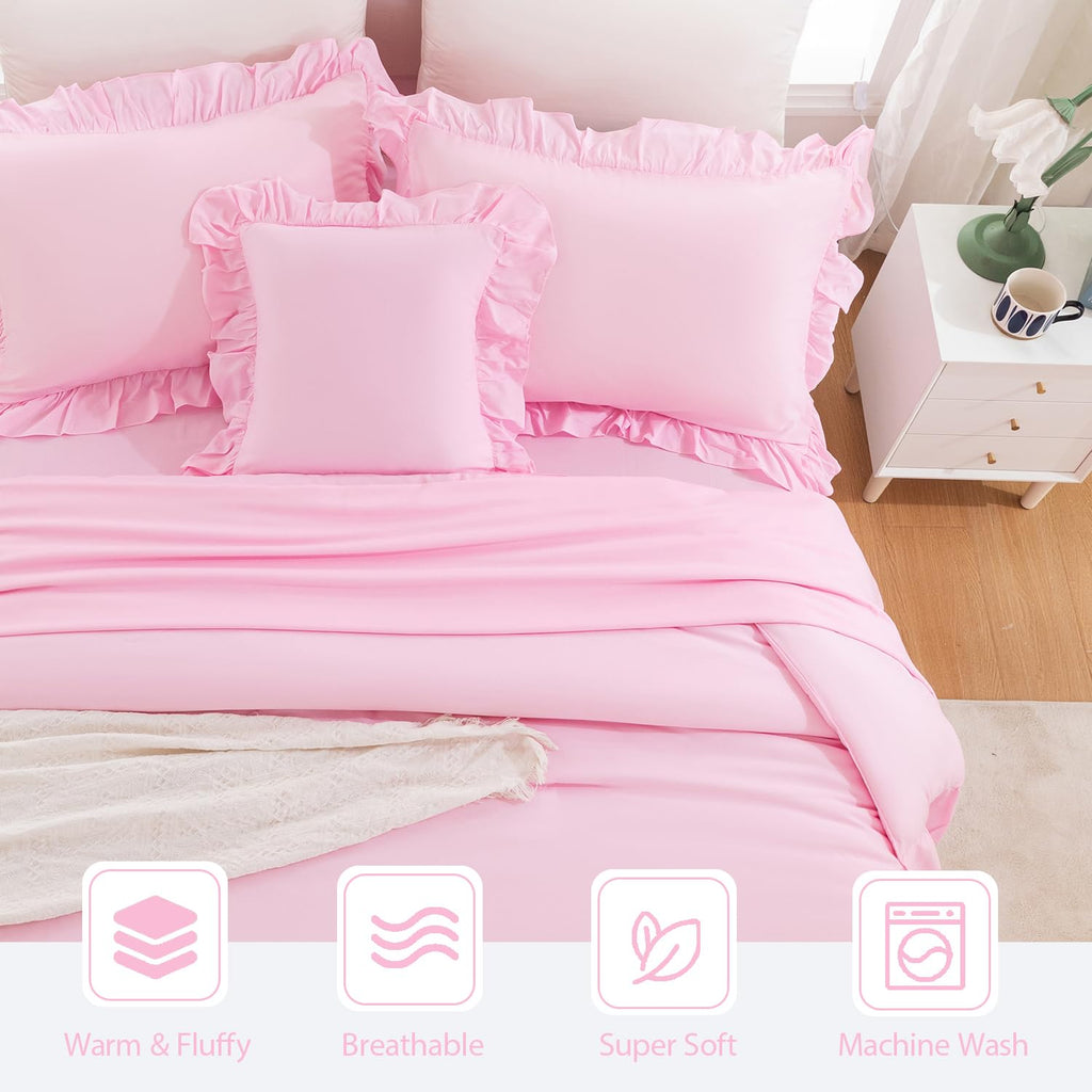 Pink Ruffle Bed in A Bag King Size 6 Pieces Farmhouse Comforter Set with Sheets Solid Boho Chic Bedding Set for Girls